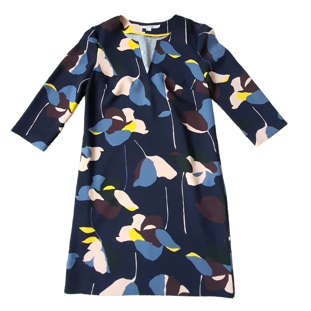 Boden Navy Floral Long 3/4 Sleeve Mini Dress Pockets Split V-neck Size 2R
